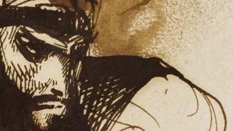 L'image présente un dessin avec un personnage au visage marqué par des traits prononcés et une barbe fournie. Il porte un turban ou un foulard autour de la tête, et son regard intense semble refléter de la détermination ou de la réflexion. Les contours sont réalisés avec des traits sombres, tandis que l'arrière-plan a des teintes de brun, créant une atmosphère dramatique. Le style rappelle des esquisses artistiques classiques, où l'émotion et l'expression sont au cœur de la représentation.