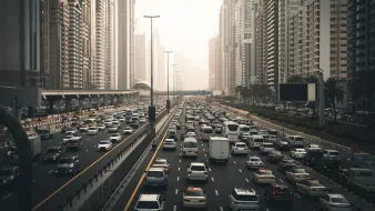 L'image montre une vue d'une route très fréquentée dans une grande ville moderne, entourée de gratte-ciel. On peut voir de nombreux véhicules qui circulent dans les deux sens, créant un embouteillage. La lumière du soleil est tamisée, donnant une atmosphère légèrement brumeuse, peut-être due à la pollution ou à la météo. Les bâtiments en arrière-plan sont imposants et reflètent l'architecture contemporaine, avec des façades en verre et en béton. Des palmiers sont visibles sur le côté de la route, ajoutant une touche de verdure à ce paysage urbain.