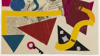 L'image que tu partages semble être un collage abstrait, composé de formes géométriques colorées sur un fond beige. On y voit des éléments de différentes tonalités, comme un cercle bleu, des bandes jaunes et rosâtres, ainsi que des triangles noirs et rouges. Des morceaux de papier journal sont également présents, ajoutant une texture intéressants à l'ensemble. Ce type de composition évoque une approche artistique moderne, caractérisée par l'utilisation des formes et des couleurs pour créer une image visuellement stimulante.