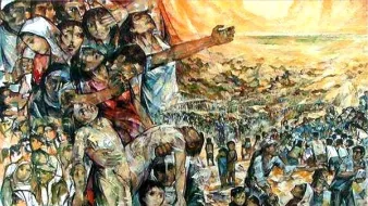 Cette image représente une scène riche en émotions et en complexité. On y voit un groupe de personnes, dont certaines semblent exprimer de la douleur ou de la souffrance, tandis que d'autres sont en position de soutien. Au centre, une figure héroïque semble s'élever, portant une croix, symbole de sacrifice. En arrière-plan, une foule nombreuse se dirige vers un horizon incertain, suggérant un mouvement ou une quête. Les couleurs vives et les coups de pinceau dynamiques ajoutent à l'intensité de l'œuvre, transmettant un fort sentiment de solidarité et de lutte.