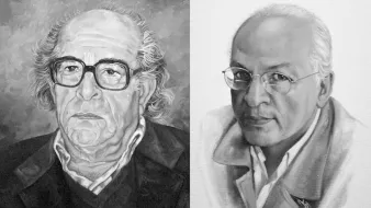 L'image montre deux portraits en noir et blanc. Le premier portrait à gauche représente un homme d'âge mûr avec des cheveux gris, portant des lunettes et une expression sérieuse. Il est vêtu d'un pull noir et d'une veste. Le second portrait à droite présente également un homme d'âge mûr, avec des lunettes et des cheveux gris, mais il a un sourire subtil. Son style vestimentaire est plus formel, avec un manteau clair. Les deux portraits semblent détaillés et bien réalisés, mettant en avant l'expression des visages.