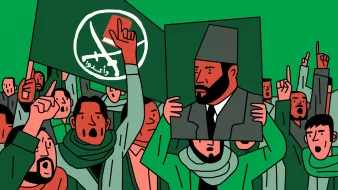 L'image montre une foule de manifestants brandissant des drapeaux et des pancartes. Les personnes sont vêtues de vêtements similaires, avec des écharpes autour du cou. Certains lèvent le poing en l'air, exprimant leur enthousiasme ou leur soutien. Au centre, un individu tient un portrait d'une figure masculine portant un chapeau traditionnel. Le fond est vert, ce qui renforce l'ambiance de la manifestation. Les motifs sur les drapeaux et le signe sur le portrait indiquent une forte identification à une idéologie ou un mouvement particulier.