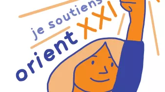 L'image représente une illustration stylisée d'une personne levant une main, tenant une pièce de monnaie. La figure est simplifiée avec des traits esquissés et des couleurs vives, principalement en orange et bleu. À côté, le texte "je soutiens orient XXI" est écrit, mettant en avant un message de soutien ou de solidarité. Des rayons lumineux émanent de la pièce, symbolisant peut-être l'impact positif ou l'importance de l'action.