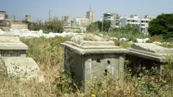 L'image montre un cimetière abandonné ou négligé, où des tombes en béton sont entourées d'herbes hautes et de végétation. On peut apercevoir, au fond, des bâtiments de plusieurs étages et des structures urbaines, ce qui indique une proximité avec une zone habitée. L'atmosphère est calme, mais on ressent un contraste entre l'état de mise à l'écart des tombes et l'activité de la ville environnante.