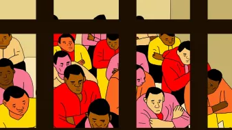 L'image montre un groupe de personnes assises à l'intérieur d'une pièce, vues à travers une fenêtre. Les individus sont vêtus de vêtements de différentes couleurs, principalement du rouge, du jaune et du rose. Ils semblent pensifs et concentrés, certains avec les bras croisés, ce qui transmet une atmosphère de réflexion ou de tension. Les murs derrière eux sont de couleur claire, contrastant avec leurs vêtements colorés. L'ensemble de la composition évoque une certaine mélancolie ou une situation de confinement.