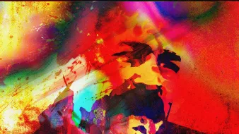 L'image présente une composition abstraite et colorée, avec des éclaboussures de peinture et des teintes vives allant du rouge, du bleu, au jaune. Les formes semblent se mélanger et se superposer, créant une atmosphère dynamique et énergique. On devine des silhouettes ou des visages au milieu de ces couleurs, ajoutant une dimension humaine à cette œuvre artistique. L'ensemble évoque une sensation de mouvement et d'émotion intense.