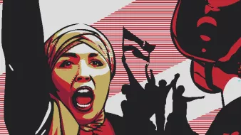 L'image présente une scène dynamique et expressive. Au premier plan, on peut voir une jeune femme levant le poing en l'air, manifestant une forte émotion, probablement de la détermination ou de la révolte. Elle porte un foulard, ce qui peut suggérer un contexte culturel ou politique. En arrière-plan, des silhouettes de personnes semblent défiler, brandissant des drapeaux, créant une atmosphère de protestation ou de mouvement social. Les couleurs dominantes sont le rouge et le noir, ajoutant à l'intensité de la scène. L'ensemble dégage une énergie militante et engagée.