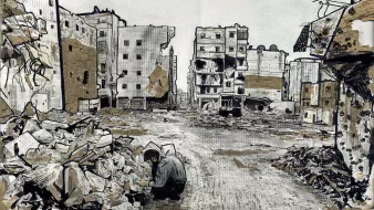 L'image montre une scène de destruction urbaine. On aperçoit des bâtiments en ruine, avec des débris éparpillés sur le sol. Au premier plan, une personne semble s'accroupir, probablement en train de réfléchir ou de chercher quelque chose parmi les décombres. Le paysage est plongé dans une ambiance morose, évoquant des thèmes de perte et de désolation. Les couleurs sont plutôt ternes, accentuant le caractère triste et abandonné de cet environnement.