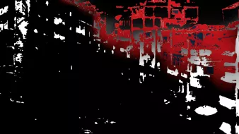 L'image présente un paysage urbain stylisé avec des bâtiments dont les contours sont accentués en rouge. Le fond est principalement noir, créant un fort contraste. Cette utilisation des couleurs donne une ambiance dramatique et peut évoquer des thèmes d'intensité ou d'abandon. Les formes des bâtiments semblent déformées, ajoutant une dimension abstraite à la composition.