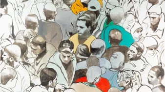 L'image présente une représentation artistique d'une foule. La plupart des personnages sont peints de manière en noir et blanc, ce qui leur donne un aspect neutre et uniformisé. Cependant, quelques individus se distinguent par des couleurs vives : un en orange, un autre en vert et un en rouge. Ces couleurs attirent l'attention et créent un contraste frappant avec le reste des figures. Cette composition semble évoquer la diversité et l'individualité au sein d'un groupe anonyme, soulignant les thèmes de l'identité et de l'appartenance.