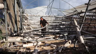L'image montre une personne à l'intérieur d'une serre. On voit des tubes en plastique ou en métal disposés sur le sol, probablement utilisés pour des systèmes d'irrigation ou de culture. La lumière naturelle entre par les ouvertures, illuminant l'espace. L'environnement semble un peu désordonné, avec des matériaux éparpillés. Le ciel est visible à travers la structure, indiquant qu'il fait jour.