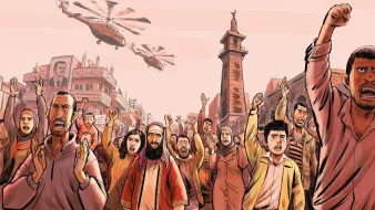 L'image représente une scène de protestation animée. Une foule diverse, composée d'hommes, de femmes et d'enfants, exprime des émotions intenses avec les bras levés et des expressions faciales déterminées. En arrière-plan, on peut voir des hélicoptères survolant la zone. Des bâtiments et des monuments sont visibles, suggérant un cadre urbain. L'atmosphère est chargée d'énergie et de dynamisme, reflétant un moment de mobilisation collective.