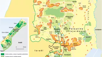 Cette image représente une carte détaillée de la Palestine et de la région environnante, montrant des zones de contrôle, des villes importantes et les frontières entre Israël et les territoires palestiniens. La carte utilise des couleurs et des symboles pour indiquer les zones A, B et C, qui sont associées à différents niveaux de contrôle administratif. On peut également voir des indications géographiques, comme des montagnes, des rivières et d'autres caractéristiques du terrain. En bas à gauche, il y a une carte plus petite qui montre la localisation de la Palestine dans la région du Moyen-Orient.