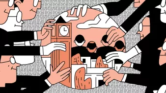 L'image représente un groupe de personnes stylisées, avec des costumes noirs et des lunettes, qui entourent un cercle central. Dans ce cercle, on peut voir des éléments architecturaux, probablement des monuments, ainsi que des montagnes en arrière-plan. Les personnages semblent interagir avec cet espace central, comme s'ils essayaient de le protéger ou de le transférer. Le tout est dessiné dans un style graphique avec des couleurs douces, notamment du rose, du noir et du blanc, et avec des nuages dans le fond.