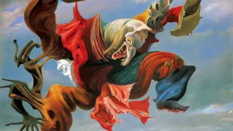 L'image représente une œuvre surréaliste, où des formes humaines et animalières sont fusionnées dans un mouvement dynamique. La figure centrale, avec des couleurs vives et des drapés fluides, semble incarner une émotion intense, peut-être de la colère ou de la passion. Les éléments grotesques et déformés ajoutent une dimension d'étrangeté à la scène, et le fond clair contraste avec la complexité des figures, créant un effet visuel captivant et déroutant.