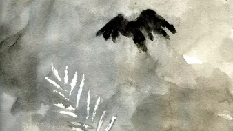 L'image présente un fond aquarelle aux nuances de gris et de noir. On y observe une silhouette sombre qui ressemble à un oiseau en vol, avec des ailes étendues. En bas à gauche, quelques traits blancs évoquent des feuilles ou des motifs végétaux. L'ensemble crée une atmosphère douce et mélancolique, avec un contraste subtil entre les éléments sombres et clairs.