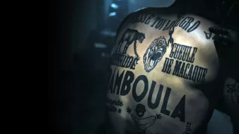 Cette image montre un dos humain couvert de tatouages. Les inscriptions et les illustrations incluent des éléments comme des animaux, des mots en lettres majuscules, et des motifs graphiques. L'éclairage semble sombre, ce qui met en valeur les détails des tatouages. L'ambiance générale est à la fois artistique et intense.