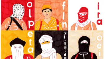 L'image présente un collage de portraits stylisés de personnages portant des vêtements traditionnels, souvent associés à des groupes de militants. Chaque personnage est dessiné dans un style graphique avec des arrière-plans de couleurs différentes (rouge, orange, noir, etc.). Les mots "al-Qaïda" et d'autres lettres sont intégrés dans la composition, évoquant des références à des thématiques liées à la guerre et au terrorisme. L'image semble jouer sur des stéréotypes visuels et évoque des contextes politiques ou sociaux complexes.