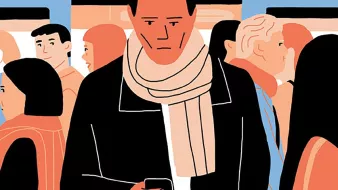 L'image montre une scène animée d'un métro ou d'un train, remplie de passagers. Au premier plan, un homme se tient debout, absorbé par son téléphone, portant un manteau noir et une écharpe claire. Autour de lui, plusieurs personnes sont visibles, certaines regardant dans sa direction, d'autres engagées dans leurs propres activités. Les personnages sont stylisés avec des traits simples et des couleurs vives, créant une atmosphère moderne et dynamique. L'ensemble de la scène évoque une ambiance urbaine et quotidienne.