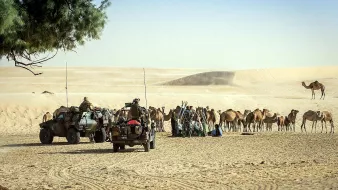 L'image montre un paysage désertique avec des dunes de sable en arrière-plan. On voit deux véhicules tout-terrain, probablement militaires, stationnés sur le sable. À proximité, un groupe de chameaux est rassemblé, tandis que quelques-uns se tiennent à l'écart. Le ciel est bleu et le soleil brille, ce qui donne une atmosphère aride et chaude à la scène. Au loin, on aperçoit également un arbre isolé, ajoutant un peu de verdure au paysage désertique.