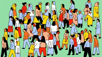 L'image représente un grand groupe de personnes de différentes tailles, formes et vêtements, évoluant dans un environnement coloré. Elles se déplacent dans diverses directions sur un fond vert. Les personnages sont dessinés dans un style graphique simple et accrocheur, avec des couleurs vives. Certaines personnes portent des vêtements traditionnels, tandis que d'autres affichent un style plus moderne. Cette scène évoque une atmosphère dynamique et animée, illustrant la diversité et l'interaction sociale.