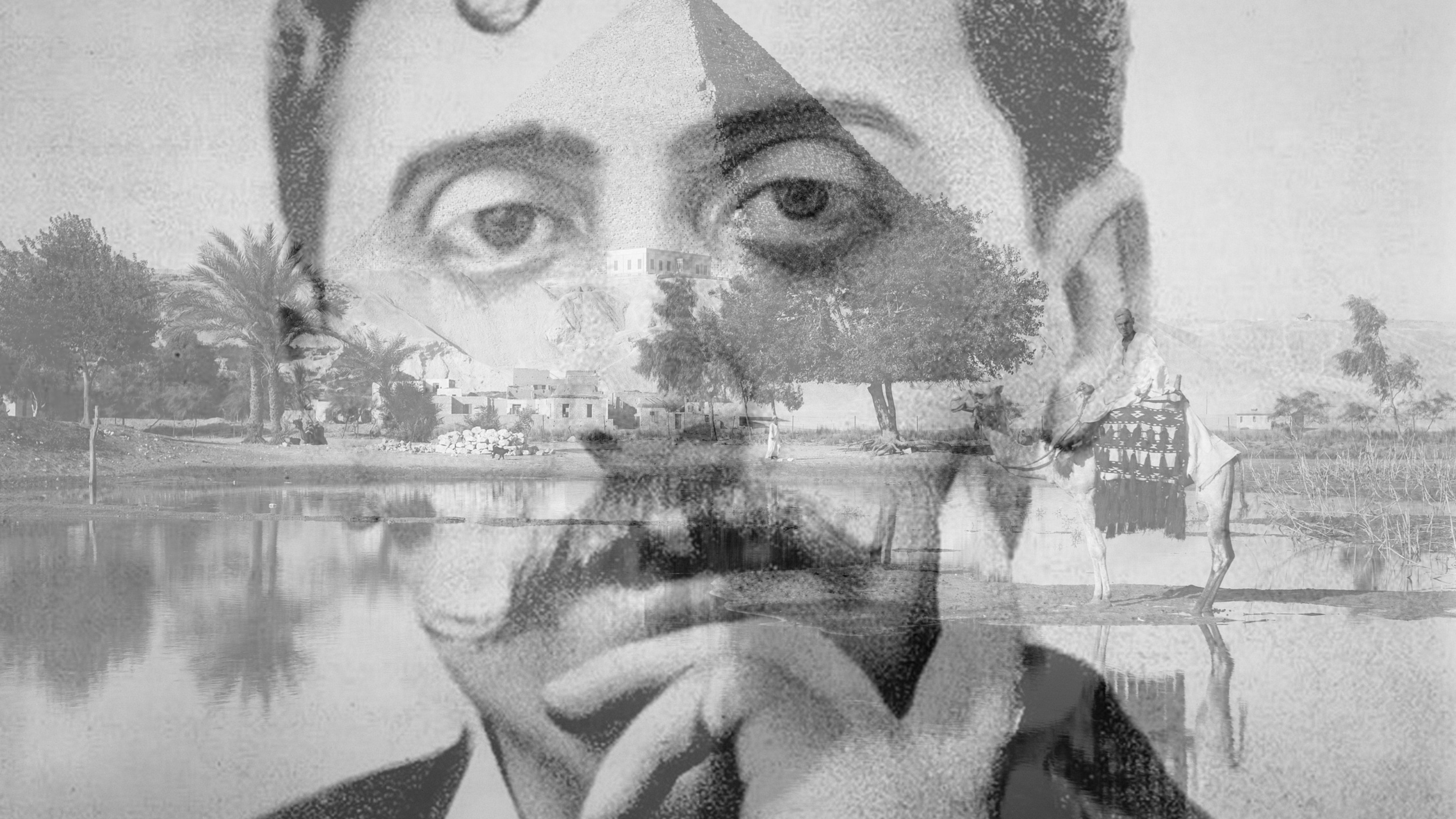 L'immagine presenta una composizione artistica che sovrappone un ritratto di un uomo con un baffo, il quale sembra riflettere pensieroso, a un paesaggio che include una vista su un lago o un fiume e alcuni alberi. Sullo sfondo, si intravedono elementi naturali e architetturali che creano un'atmosfera nostalgica. L'uso della tecnica di sovrapposizione conferisce profondità e un senso di connessione tra il soggetto e il paesaggio circostante.