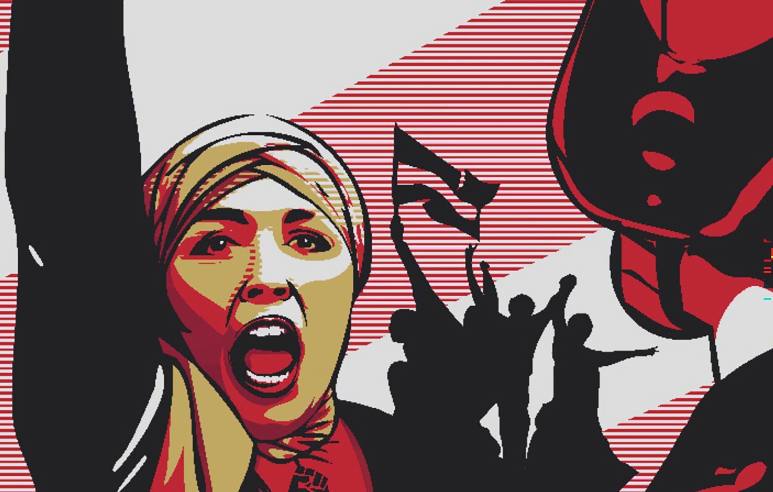 L'immagine presenta una composizione grafica dallo stile astratto, con colori forti e contrastanti. In primo piano, si vede una figura femminile che alza il pugno, esprimendo un gesto di protesta o di determinazione. Indossa un foulard, il che aggiunge un elemento di identificazione culturale. Sullo sfondo, ci sono delle silhouette di persone che sembrano partecipare a una manifestazione, con una bandiera in mano. L'uso di linee verticali e cambi di tonalità crea un senso di dinamismo e intensità emotiva.