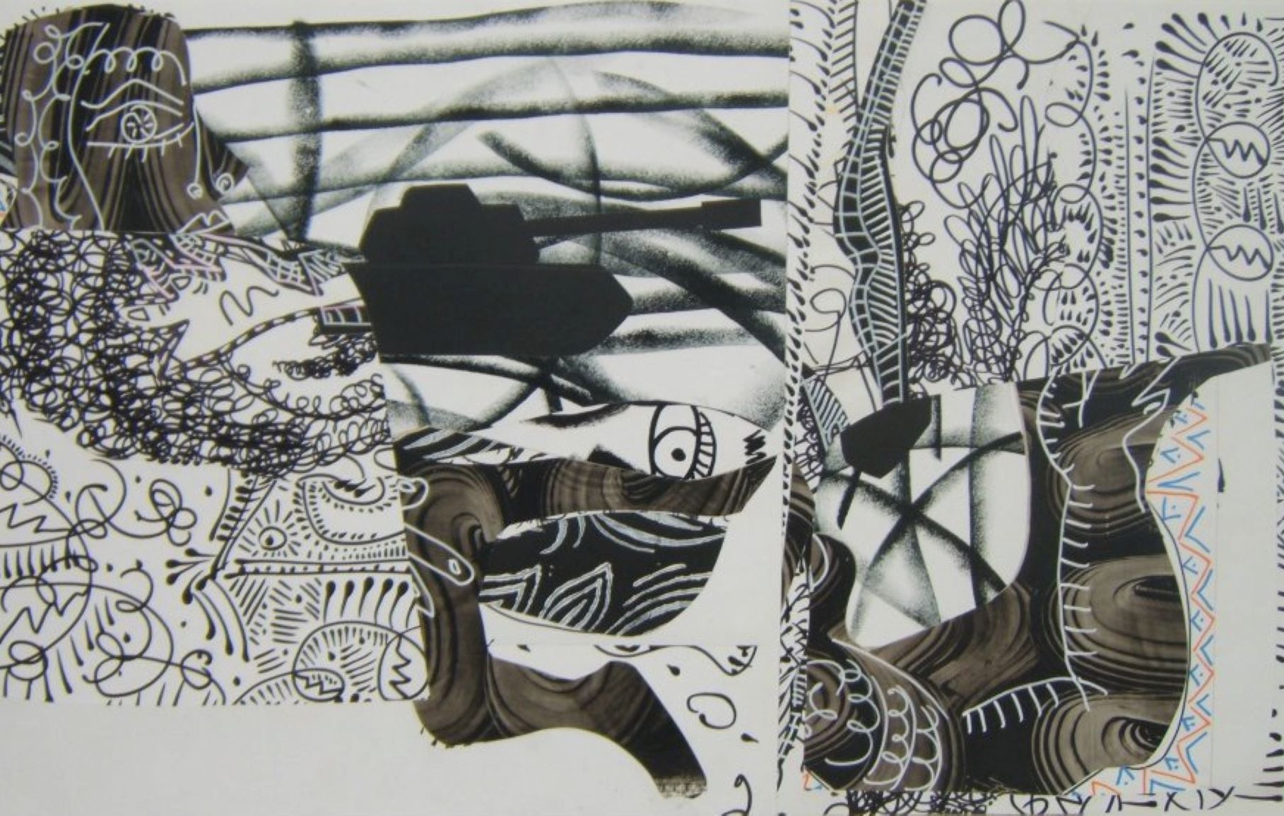 L'immagine mostra un collage astratto realizzato in bianco e nero, con elementi grafici che si sovrappongono e si intersecano. Ci sono linee fluide e motivi circolari che creano un senso di movimento. Alcuni tratti neri sembrano dare forma a figure stilizzate, mentre altri motivi geometrici e naturali si mescolano, evocando un senso di complessità visiva. La composizione è dinamica e invita l'osservatore a esplorare i dettagli e le interconnessioni tra le varie forme.