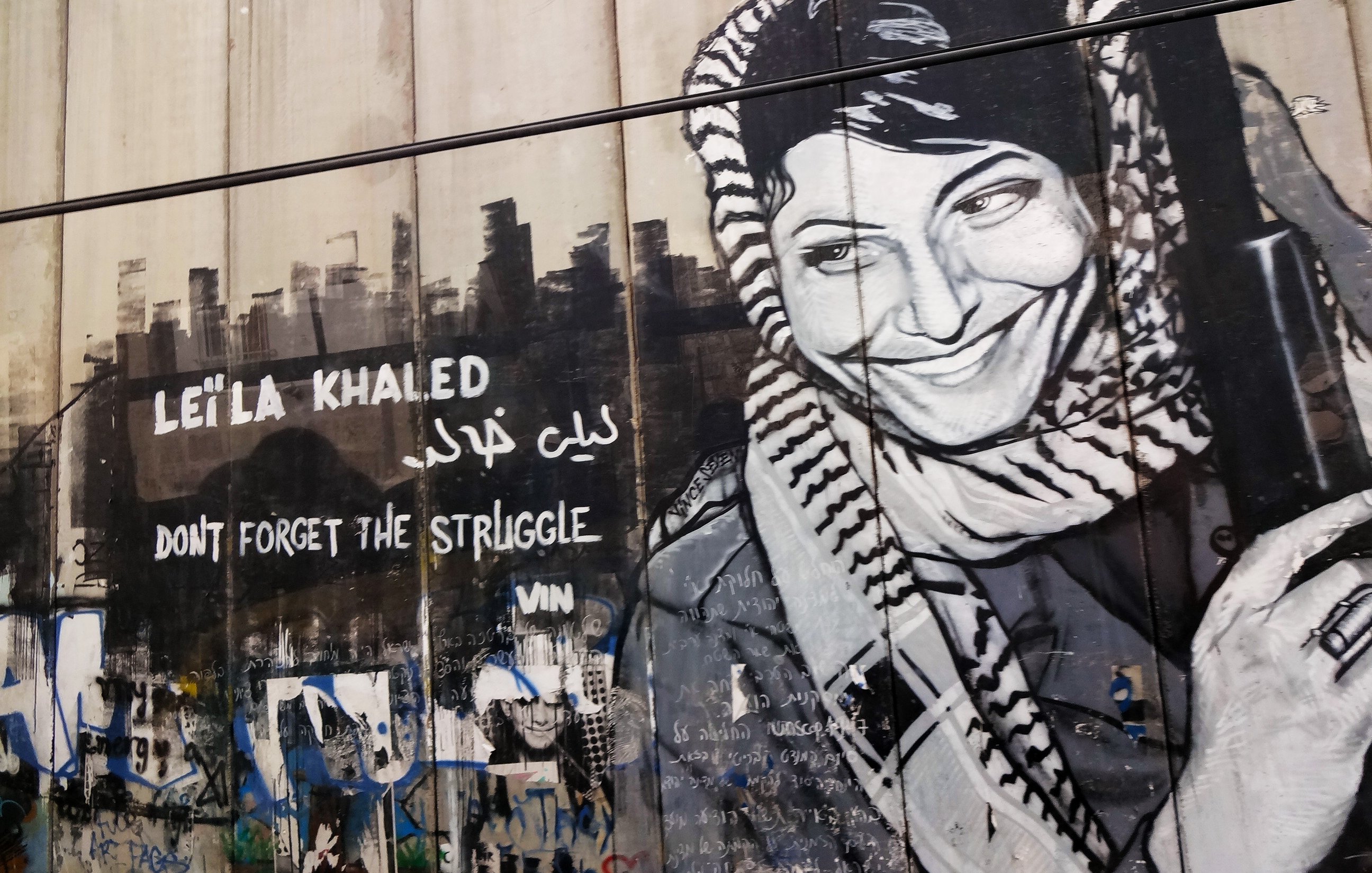 L'immagine mostra un murale che ritrae una donna con un sorriso, indossando un kefiah e tenendo un'arma. Il murale è accompagnato dalla scritta "Leïla Khaled" e dalla frase "Don't forget the struggle", tradotta in arabo. L'opera è situata su una parete, probabilmente in un contesto urbano, e rappresenta un forte simbolo di resistenza e identità. La figura di Leïla Khaled è associata a movimenti di liberazione, in particolare nel contesto palestinese.