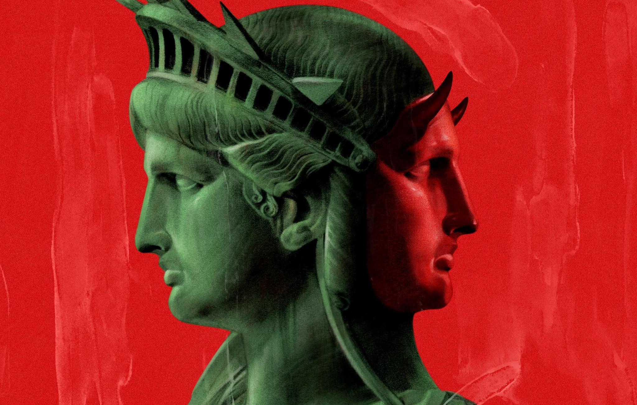 L'immagine presenta una reinterpretazione della Statua della Libertà, caratterizzata da un design stilizzato e moderno. La figura mostra due volti: uno in verde, rappresentante la tradizionale statua, e uno in rosso, con tratti distintivi. Lo sfondo è di un rosso intenso, creando un contrasto forte con le tonalità della statua. L'illustrazione combina elementi di arte classica e contemporanea, evocando temi di libertà e identità.
