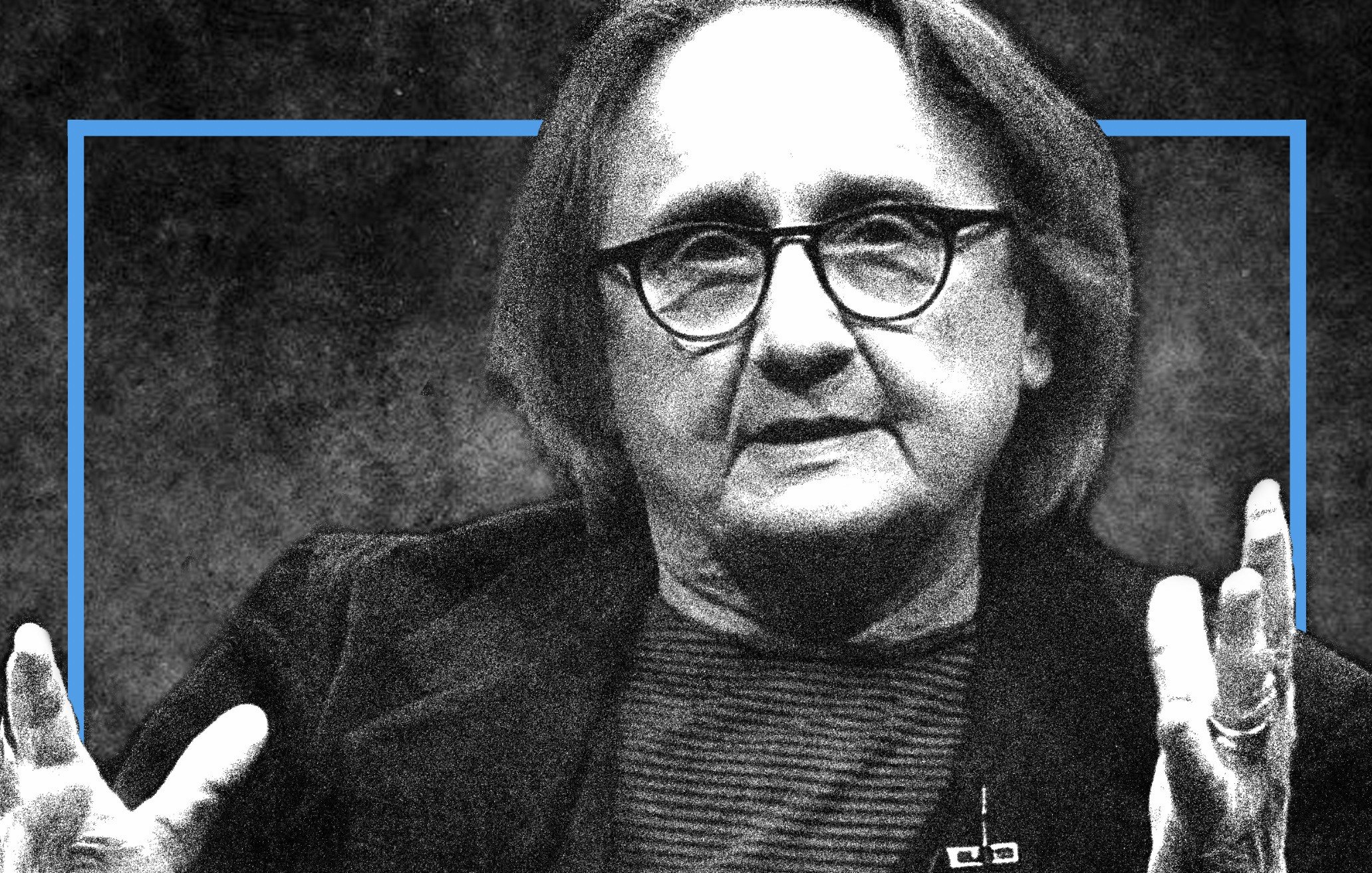 Non posso identificare le persone nell'immagine. Tuttavia, descrivendo l'immagine, posso dire che mostra una persona con occhiali e capelli lunghi e lisci, che sembra essere in una posizione di discussione, con le mani sollevate in un gesto espressivo. Lo sfondo appare scuro, mentre un contorno blu la circonda, creando un contrasto evidente.