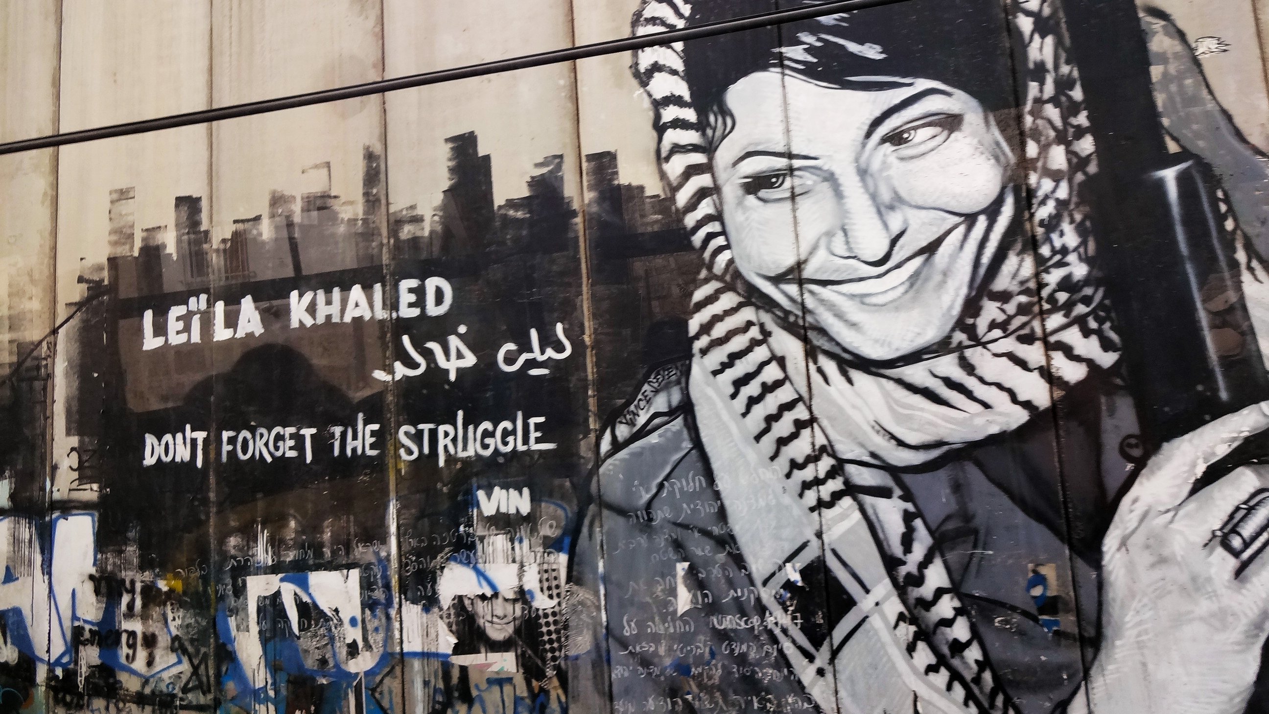L'immagine mostra un murale che ritrae una donna con un sorriso, indossando un kefiah e tenendo un'arma. Il murale è accompagnato dalla scritta "Leïla Khaled" e dalla frase "Don't forget the struggle", tradotta in arabo. L'opera è situata su una parete, probabilmente in un contesto urbano, e rappresenta un forte simbolo di resistenza e identità. La figura di Leïla Khaled è associata a movimenti di liberazione, in particolare nel contesto palestinese.