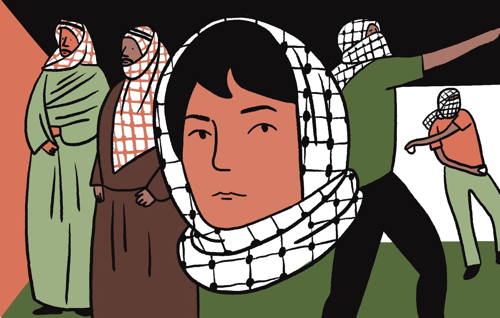 L'immagine mostra un gruppo di figure illustrati in uno stile grafico semplice e stilizzato. Al centro, c'è un volto di un giovane, con un copricapo che ricorda un keffiyeh. Intorno a lui, ci sono altre persone che indossano anch'essi keffiyeh e abiti tradizionali. Una figura è in movimento, apparentemente lanciando qualcosa, mentre le altre sembrano in piedi, con un'espressione seria. Lo sfondo è diviso in vari colori, creando un contrasto visivo tra le diverse aree dell'immagine. L'insieme comunica un senso di identità culturale e di impegno politico.