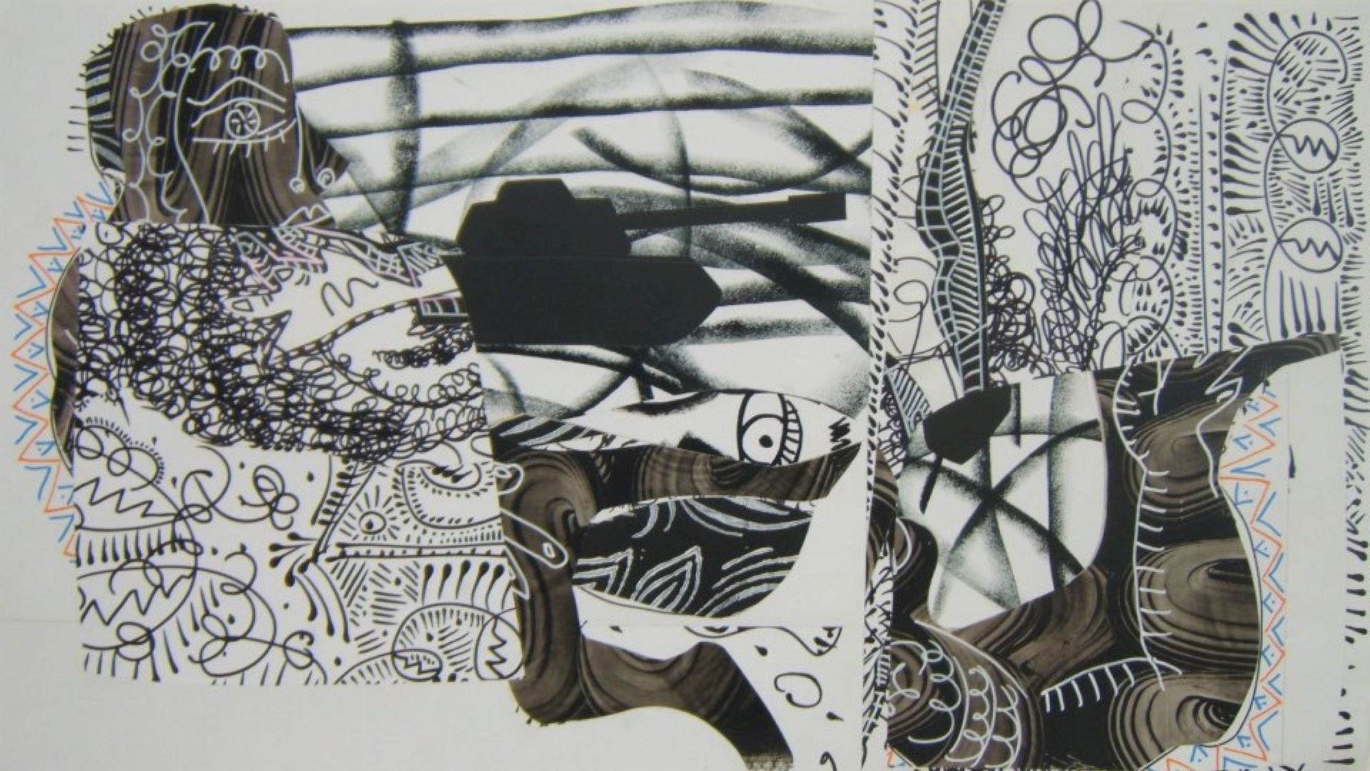 L'immagine mostra un collage astratto realizzato in bianco e nero, con elementi grafici che si sovrappongono e si intersecano. Ci sono linee fluide e motivi circolari che creano un senso di movimento. Alcuni tratti neri sembrano dare forma a figure stilizzate, mentre altri motivi geometrici e naturali si mescolano, evocando un senso di complessità visiva. La composizione è dinamica e invita l'osservatore a esplorare i dettagli e le interconnessioni tra le varie forme.