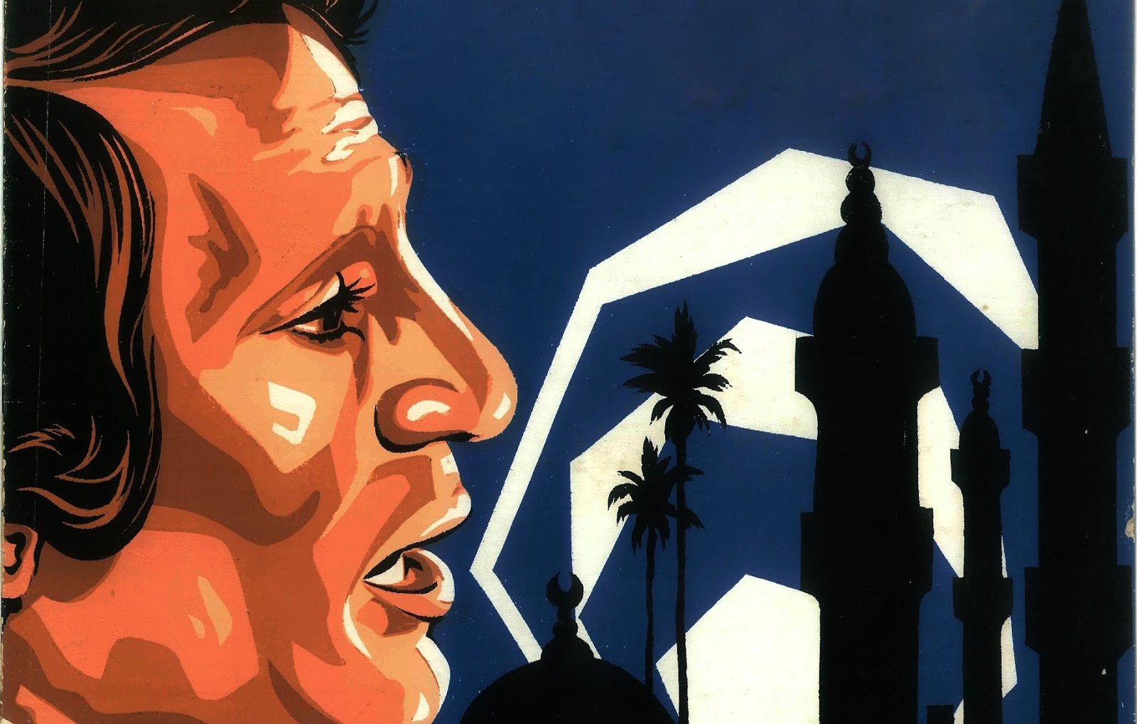 L'immagine presenta un ritratto stilizzato di un uomo, caratterizzato da tratti ben definiti e un'espressione intensa. Sullo sfondo si trovano delle silhouette di edifici e minareti, con palme che aggiungono un tocco esotico. L'uso di colori forti, principalmente arancioni e blu, crea un contrasto notevole, conferendo all'immagine un'atmosfera vibrante e quasi nostalgica. Il design sembra avere uno stile grafico, simile a un poster.