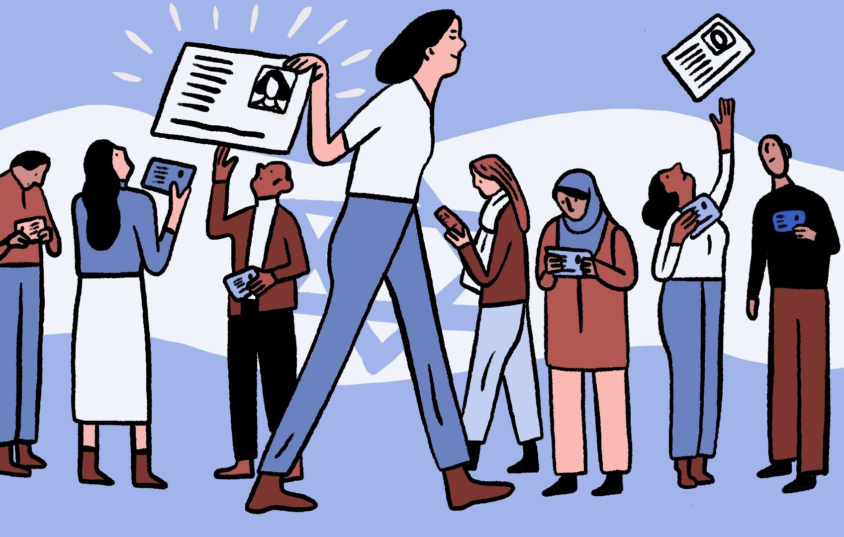 L'immagine mostra un gruppo di persone riunite in un ambiente che sembra essere legato alla comunicazione o all'informazione. Al centro, una figura alta e slanciata tiene in mano un grande foglio, mentre gli altri partecipanti, di diverse etnie e stili, osservano o interagiscono con dispositivi mobili. Alcuni di loro sollevano le mani come se stessero cercando di attirare l'attenzione, mentre altri sono intenti a leggere. Sullo sfondo, ci sono elementi grafici che richiamano l'idea di un contesto culturale o tematico specifico. L'atmosfera è vivace e comunicativa.