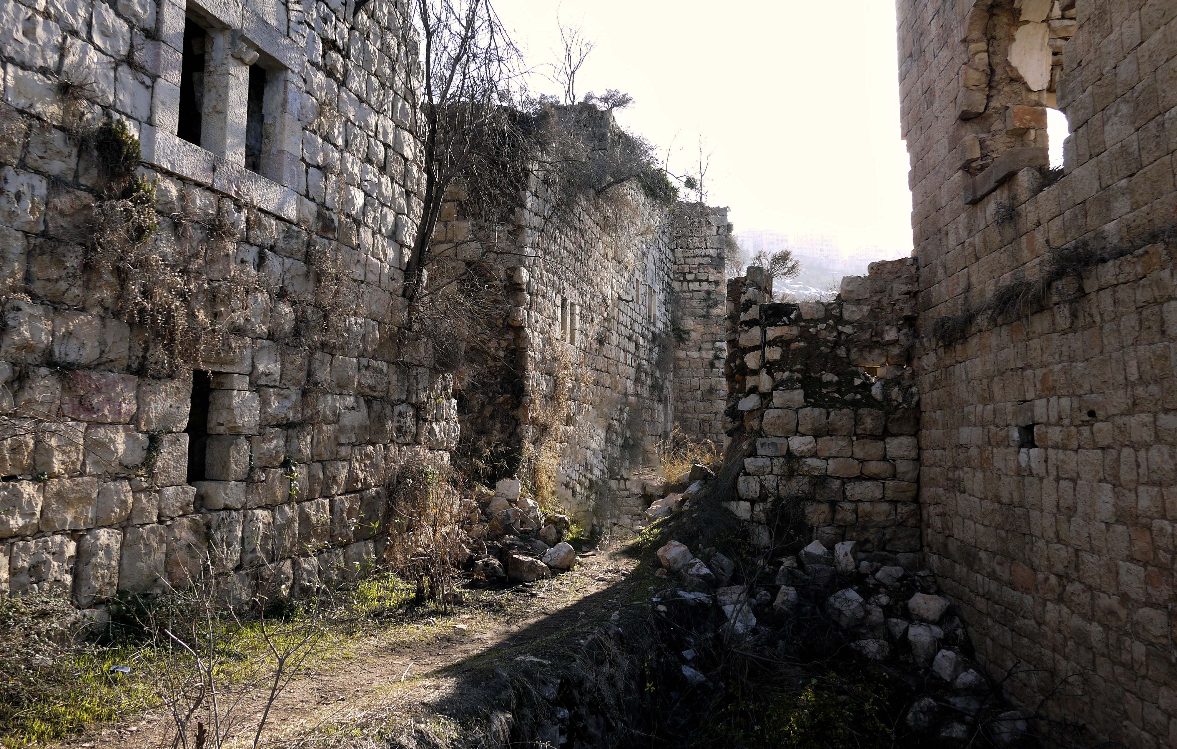 L'immagine mostra un paesaggio di rovine in un'area collinare. Ci sono muri di pietra, molti dei quali sembrano in stato di abbandono e degrado. La vegetazione è presente, con erbacce e piante che crescono tra le pietre. La luce che filtra suggerisce un'atmosfera di tranquillità, ma anche di desolazione, evidenziando il contrasto tra la natura e i resti architettonici. Nel complesso, il luogo appare come un residuo di una civiltà passata, avvolto in un silenzio nostalgico.