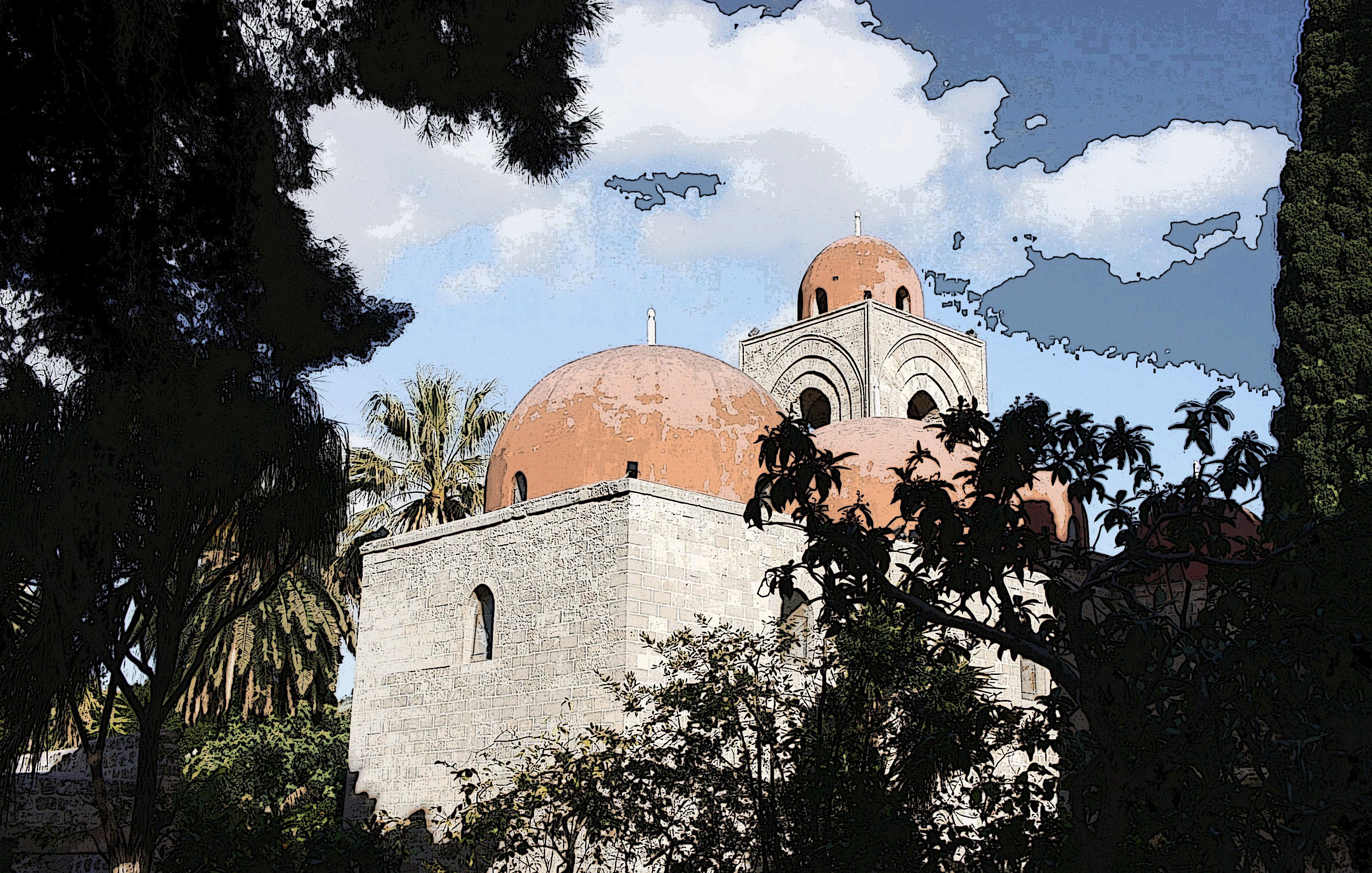 L'immagine mostra un edificio caratterizzato da varie cupole di colore rosso, circondato da alberi e vegetazione. Il cielo è blu con nuvole leggere. La struttura sembra avere un aspetto storico, con mura in pietra e dettagli architettonici che richiamano uno stile tradizionale. La scena trasmette una sensazione di serenità e bellezza naturale, tipica di luoghi di interesse culturale o religioso.