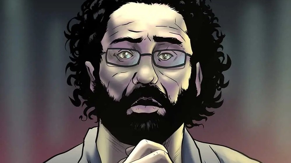 L'immagine rappresenta un uomo con capelli ricci e neri, una barba folta e occhiali. Il suo volto mostra un'espressione di preoccupazione o tensione, con le mani giunte davanti al petto in un gesto di supplica o meditazione. Lo sfondo è sfocato, con luci che creano un'atmosfera drammatica. L'illustrazione ha uno stile che ricorda quello dei fumetti.