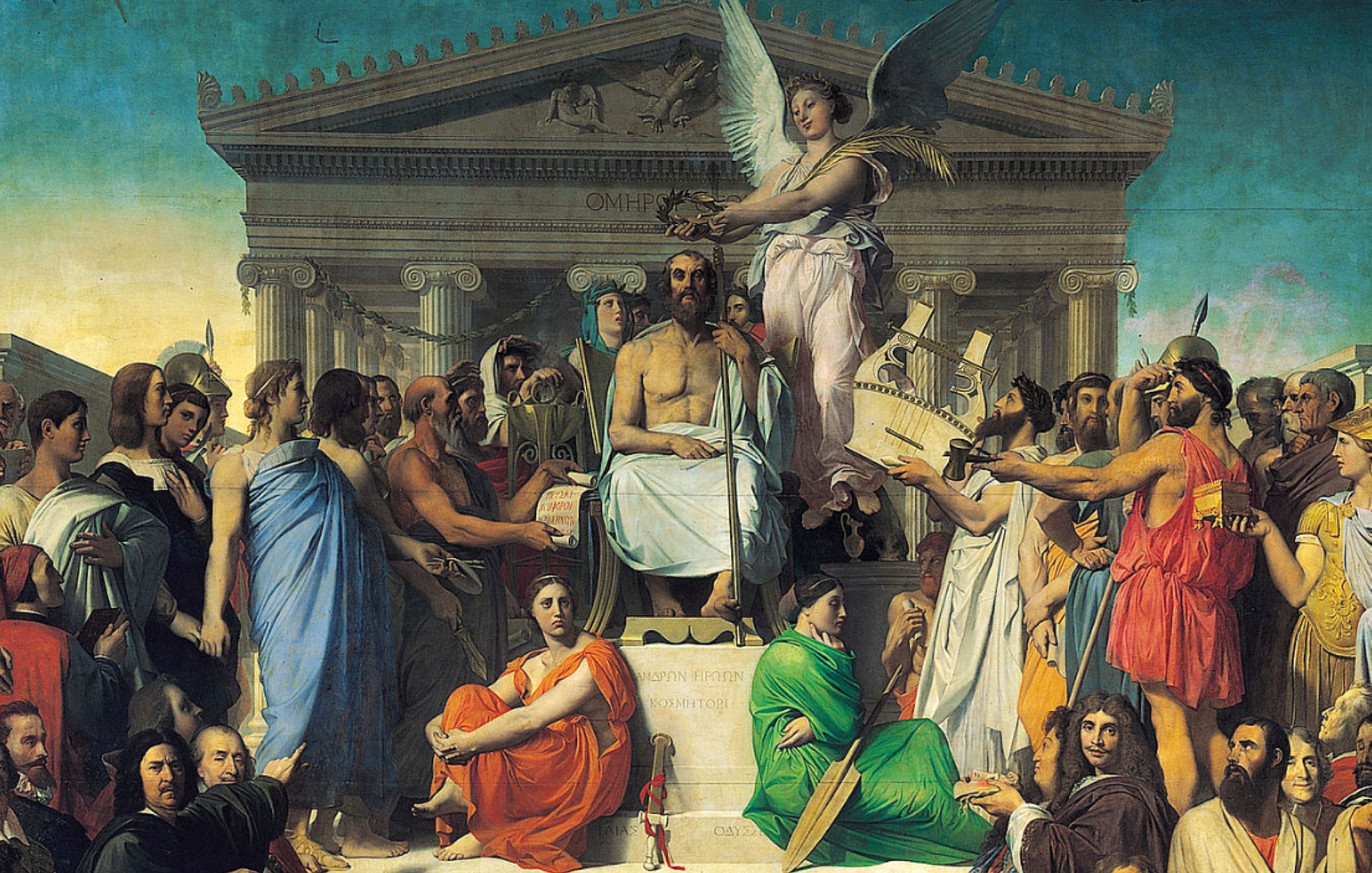 L'immagine presenta un'opera d'arte di grande formato che raffigura un'importante scena storica o mitologica. Al centro, si trova una figura maestosa, probabilmente un leader o una divinità, seduta su un trono, circondata da un gruppo di persone in abiti classici. La figura centrale tiene in mano un oggetto significativo, mentre diverse persone intorno a lei sembrano interagire o rendere omaggio. Sullo sfondo, si intravede un'imponente architettura, che richiama lo stile degli antichi templi greci, suggerendo un contesto di grande importanza culturale o religiosa. Variazioni di colori e abbigliamenti tra le figure, che rappresentano diverse classi sociali o ruoli, ulteriormente sottolineano la solennità della scena. Al di sopra della figura centrale, un angelo o un'entità alata potrebbe simboleggiare la guida divina o la speranza. Il tutto comunica un forte senso di autorità, celebrazione e interconnessione tra le diverse figure storiche o simboliche.