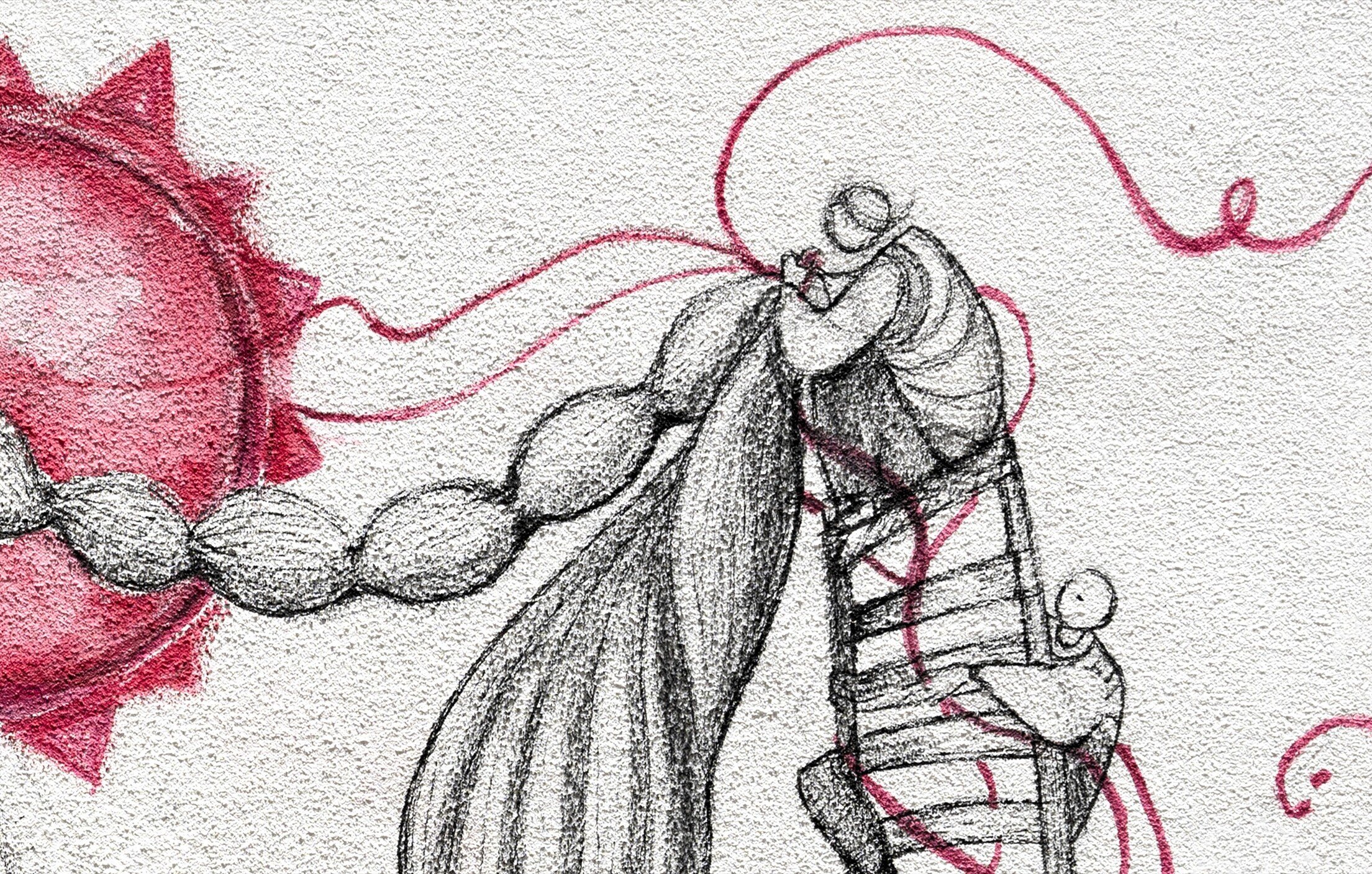 L'immagine mostra dei personaggi stilizzati che si intrecciano. Una figura principale, avvolta in una sorta di nastro o legatura, sembra abbracciare un'altra figura più piccola. Attorno a loro ci sono linee fluide e dinamiche, che creano un senso di movimento e connessione. Sullo sfondo, un grande sole rosso emana energia, accentuando l'atmosfera di calore e intimità tra le figure. La combinazione di toni chiari e scuri suggerisce un contrasto tra vulnerabilità e forza.