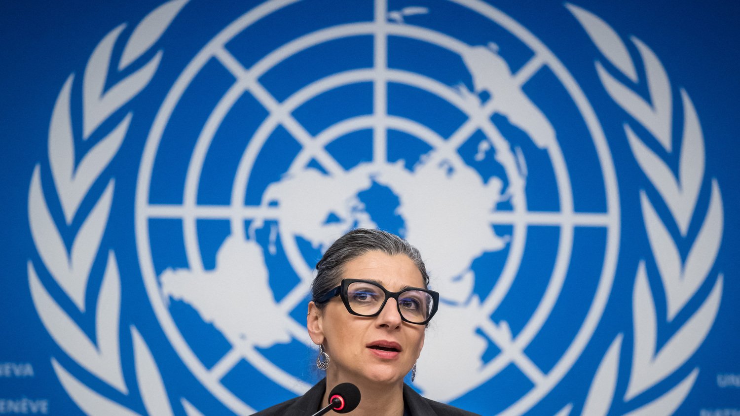 L'immagine mostra una donna che sta parlando di fronte a un microfono, con uno sfondo che presenta il logo delle Nazioni Unite. La donna ha gli occhiali e un'espressione seria, suggerendo che si tratta di una conferenza o di una presentazione ufficiale. Lo sfondo blu è decorato con il simbolo del globo terrestre, circondato da rami di ulivo, che rappresenta la pace.
