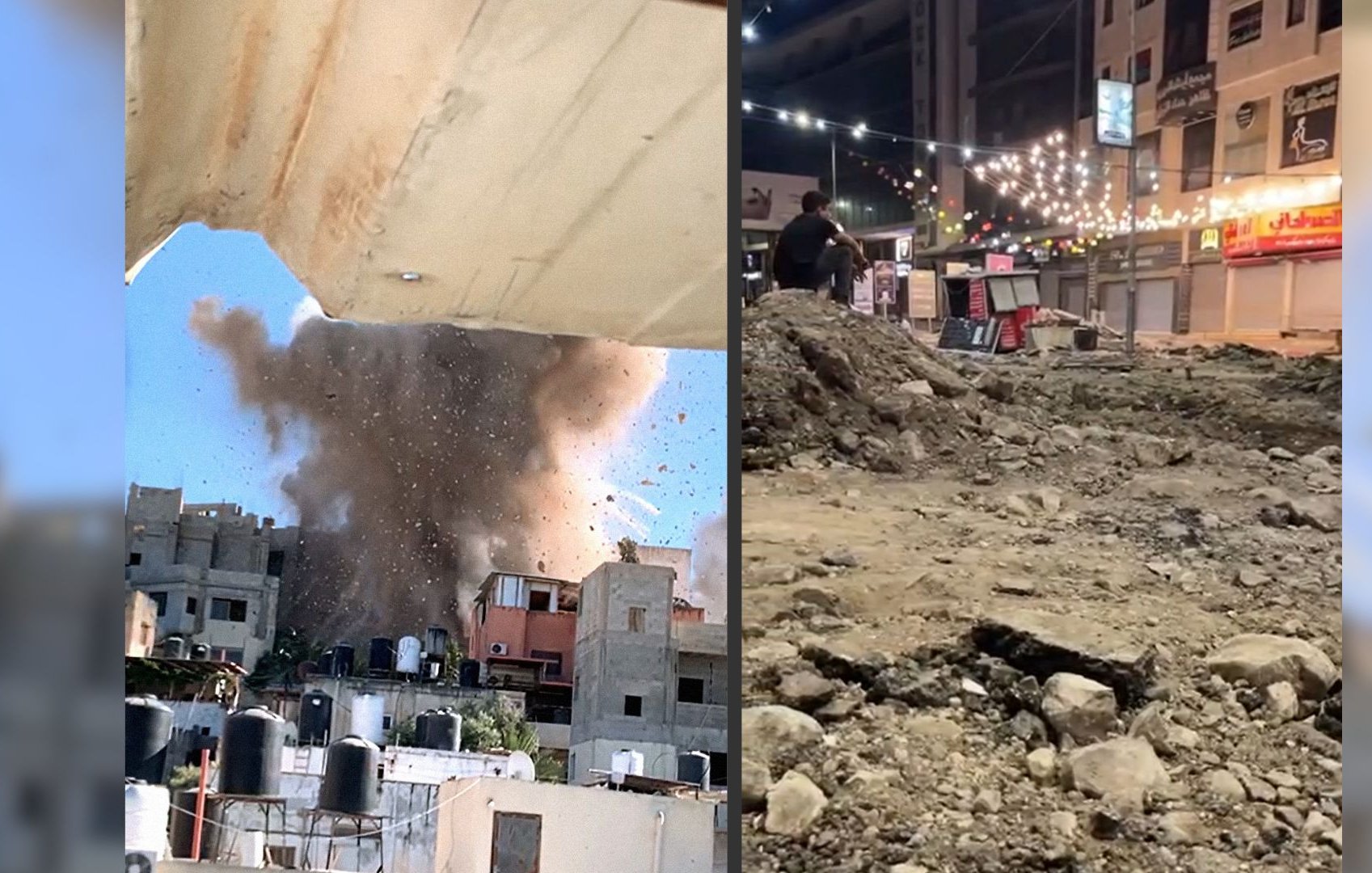 L'immagine presenta due scene contrastanti. A sinistra, si vede un'esplosione che solleva una grande nube di fumi e detriti nel cielo, con edifici danneggiati intorno. Questa scena trasmette un senso di caos e distruzione. A destra, c'è una vista di un'area di costruzione con terreno smosso e rocce sparse, evidenziando lavori in corso e un'atmosfera di disordine, ma senza la violenza dell'esplosione a sinistra. La luce soffusa delle luci decorative suggerisce una possibile area urbana.