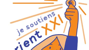 L'immagine presenta un'illustrazione stilizzata di una persona con un gesto di sostegno, sollevando una mano con un simbolo di euro. La figura è colorata in toni di blu e arancione, e sullo sfondo si trova la scritta "je soutiens orient XXI". L'insieme comunica un messaggio di supporto e impegno.