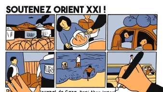 L'immagine è un fumetto che presenta sei vignette collegate da un tema comune. Le scene mostrano diverse situazioni: rifugiati in un campo, interazioni tra persone e un operatore di pace, e momenti di vita quotidiana. Una figura rappresentante le Nazioni Unite è presente in alcune vignette, evidenziando il contesto umanitario. Le tonalità e lo stile visivo sembrano riflettere una narrazione di speranza e sostegno. Il titolo "SOUTENEZ ORIENT XXI !" suggerisce un invito all'azione per sostenere la situazione nell'Oriente, in particolare nella regione di Gaza.