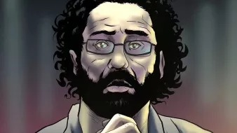 L'immagine rappresenta un uomo con capelli ricci e neri, una barba folta e occhiali. Il suo volto mostra un'espressione di preoccupazione o tensione, con le mani giunte davanti al petto in un gesto di supplica o meditazione. Lo sfondo è sfocato, con luci che creano un'atmosfera drammatica. L'illustrazione ha uno stile che ricorda quello dei fumetti.