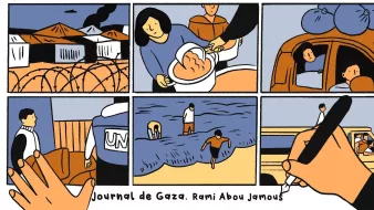 L'immagine sembra essere un fumetto che racconta una storia legata a Gaza. È divisa in diverse vignette che mostrano varie scene. Alcuni elementi chiave includono: 1. **Tende e barriere**: La prima vignetta mostra tende, probabilmente un campo profughi, con barriere visibili. 2. **Aiuto umanitario**: Un'immagine rappresenta qualcuno che offre cibo, evidenziando l'importanza dell'assistenza. 3. **Auto e persone**: Un'altra vignetta mostra persone dentro un'auto, suggerendo interazioni quotidiane. 4. **Spiaggia**: Una scena di una persona e un bambino in riva al mare, che porta un senso di libertà e speranza. 5. **Interazione con l'ONU**: Sono presenti figure che indicano la presenza dell'ONU, sottolineando il contesto internazionale. 6. **Scrittura**: L'ultima vignetta mostra una mano che scrive, indicando forse l'atto di documentare esperienze. Il titolo "Journal de Gaza" e il nome dell'autore, Rami Abou Jamous, suggeriscono che l'opera è un resoconto visivo della vita a Gaza.