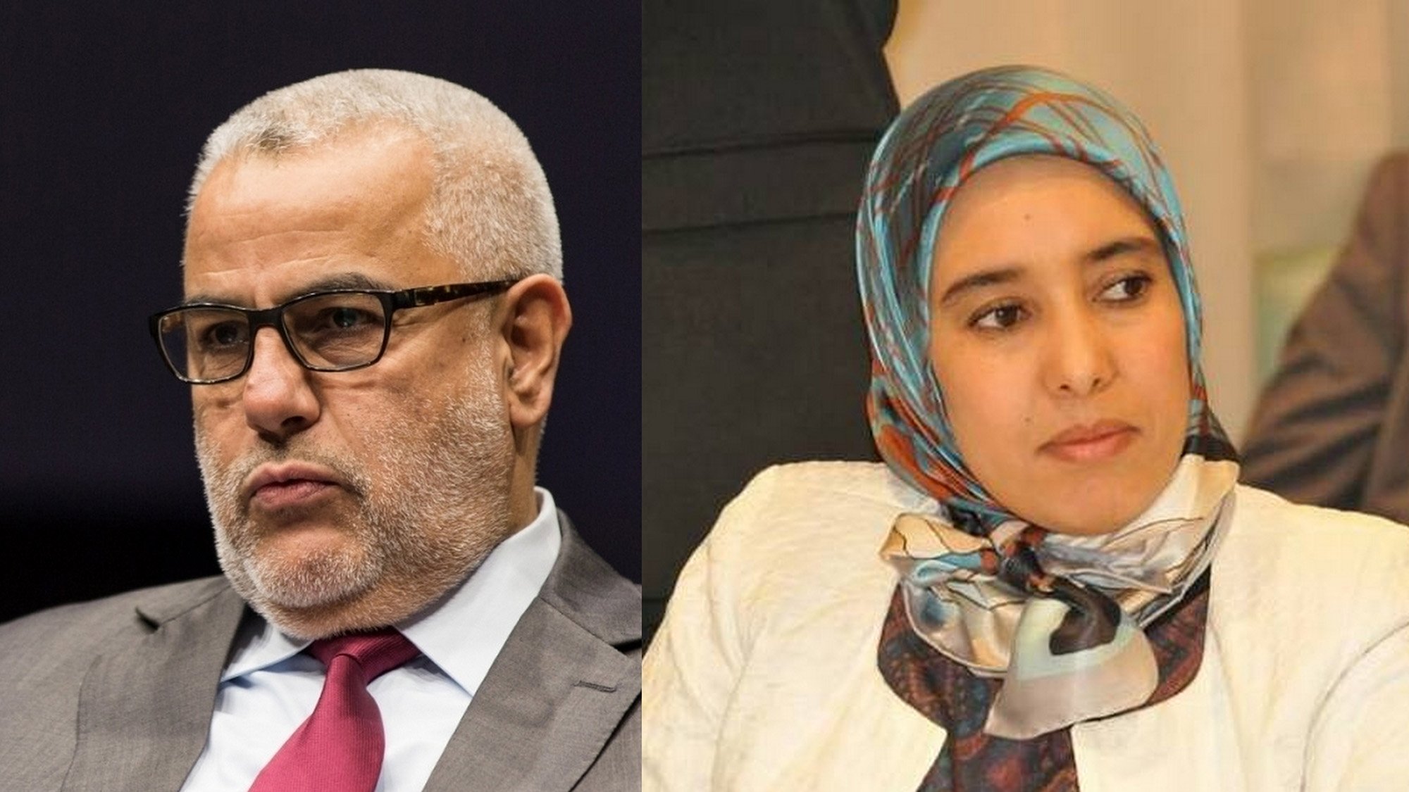 The image features two individuals side by side. On the left, a man is depicted wearing glasses and a gray suit with a red tie. He appears serious and is looking directly ahead. On the right, a woman is shown wearing a hijab and a white jacket. She is also looking forward, maintaining a composed expression. The background is neutral, focusing on the two figures.