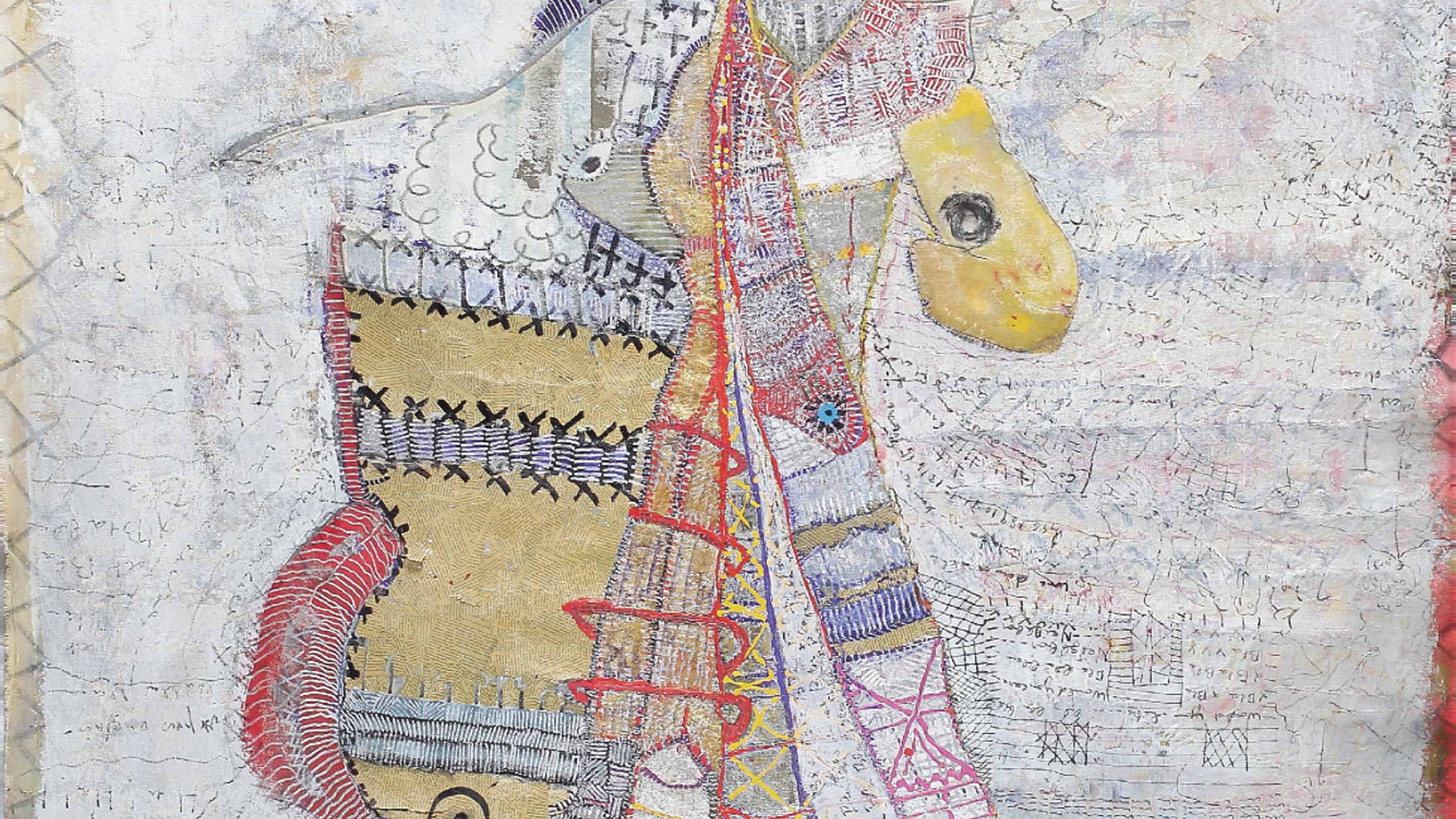 L'image montre une œuvre d'art abstraite avec des formes et des motifs variés. On peut voir des lignes sinueuses, des couleurs vives comme le jaune, le rouge et le bleu, et des détails complexes qui semblent entrelacés. Les éléments texturés et graphiques créent une sensation dynamique. L'ensemble évoque un mélange de styles, peut-être influencé par des traditions artistiques diverses, et invite à l'interprétation personnelle. Des symboles ou des inscriptions sont également présents, ajoutant à la profondeur visuelle de l'œuvre.