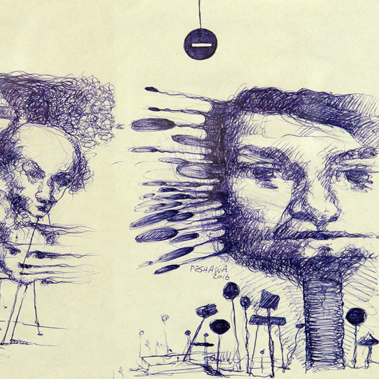 L'image présente un dessin encre, caractérisé par des portraits stylisés et des formes abstraites. À gauche, on peut voir plusieurs visages qui semblent se fondre les uns dans les autres, créant une impression de mouvement et de confusion. À droite, un visage plus distinct émerge, entouré de lignes et de formes géométriques, donnant une sensation de dynamisme. L'ensemble évoque un mélange de réalismes et d'abstractions, avec une palette de bleu profond qui apporte une atmosphère contemplative.